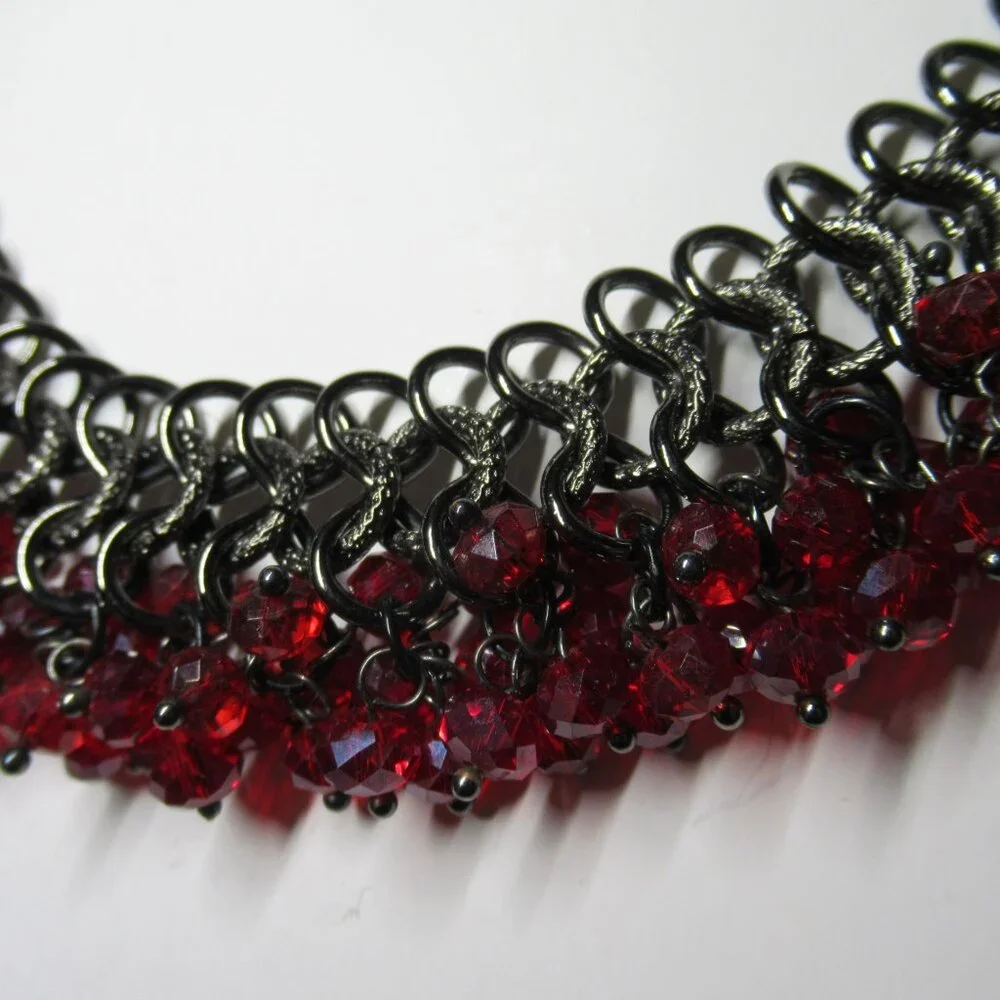 Chainmail Necklace & Earrings Set Silver with Red Beads Choker Collar Dangle - Picture 9 of 16